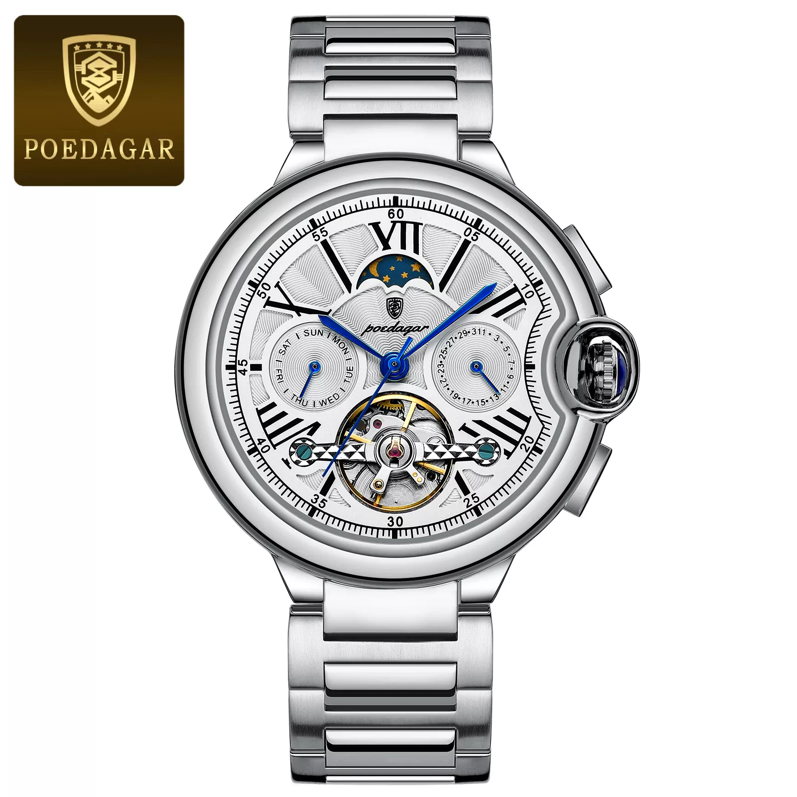 POEDAGAR 1413 Men's Automatic Mechanical Watch – Skeleton Dial, Luminous Hands, 30M Waterproof, Stainless Steel Strap